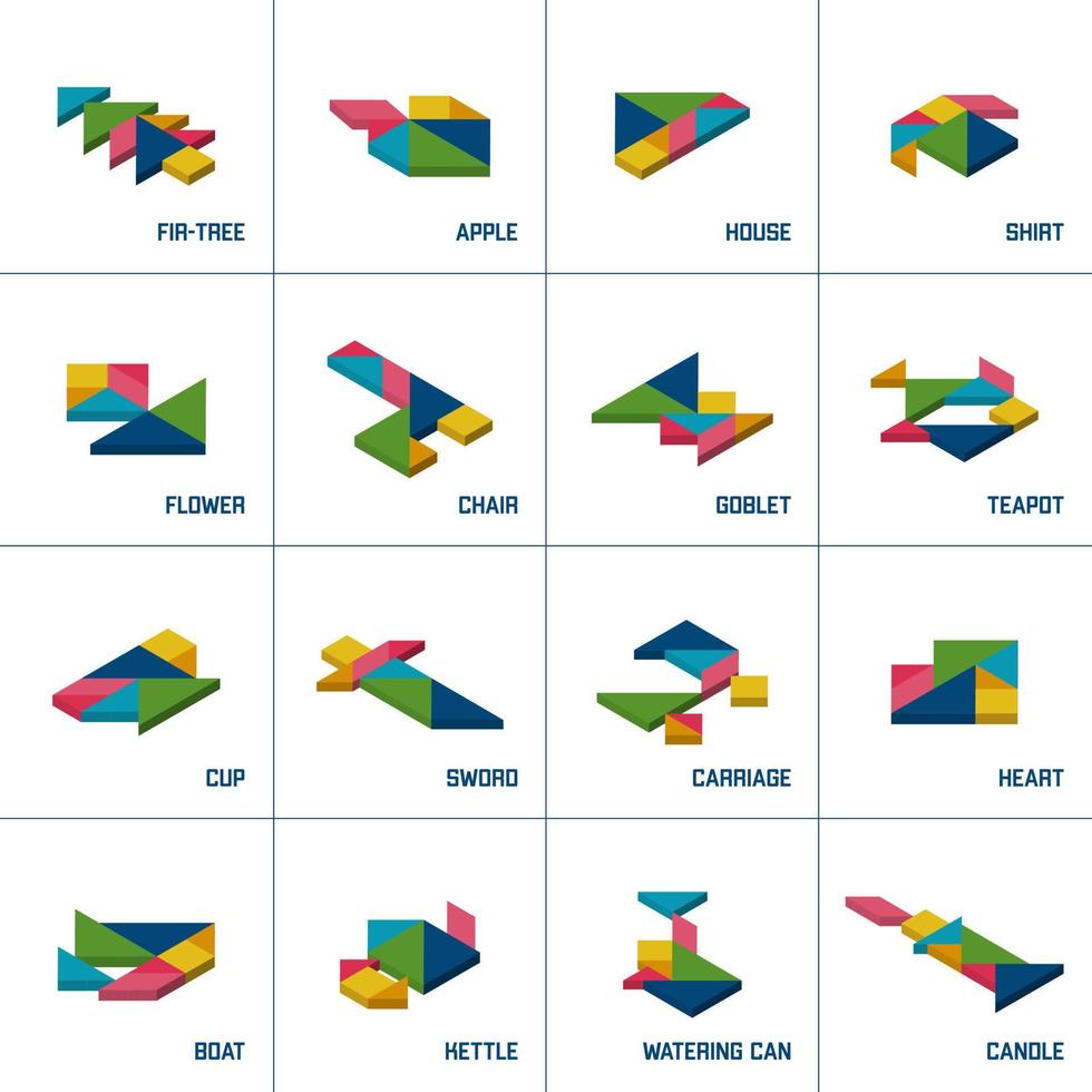 Tangram puzzle. Set of isometric tangram different objects. Vector illustration