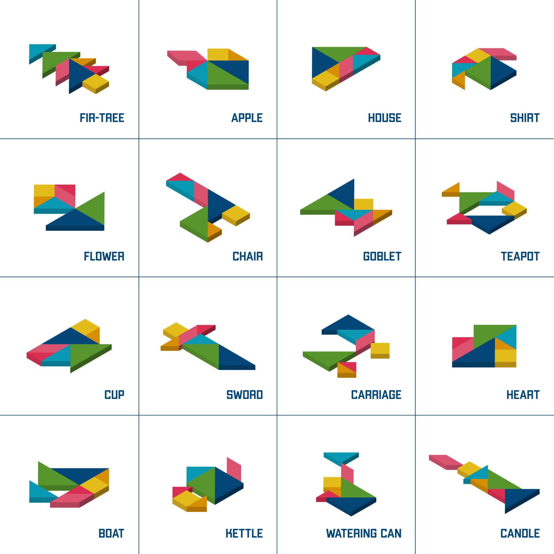 Tangram puzzle. Set of isometric tangram different objects. Vector