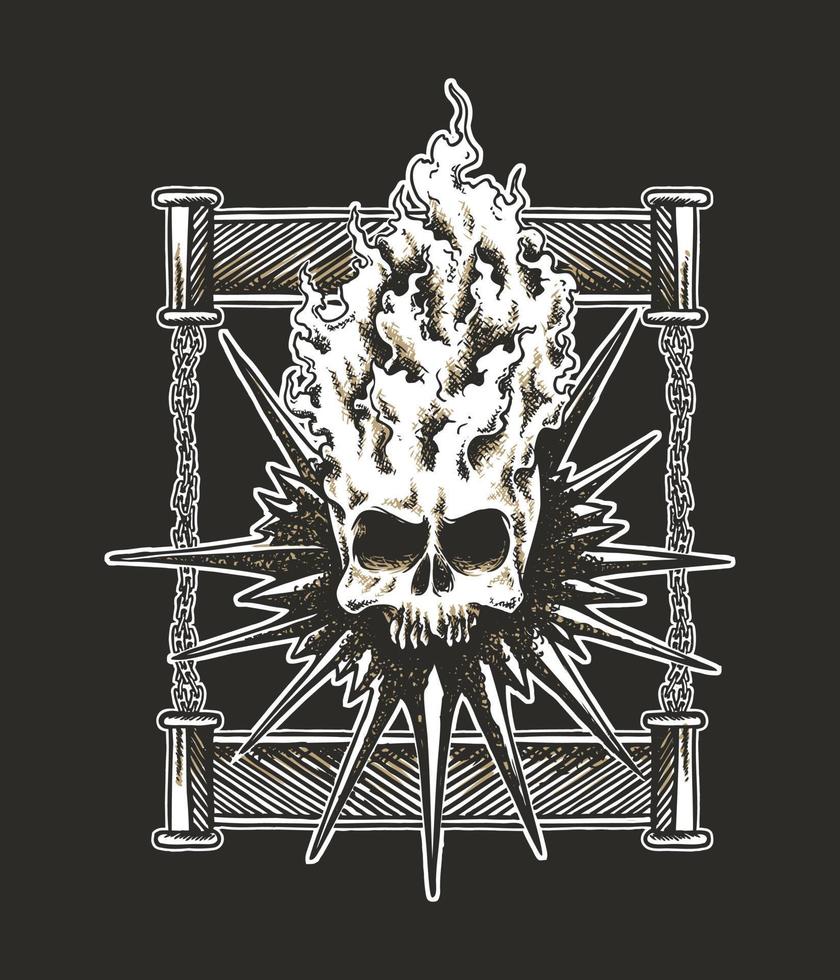 Hand drawn human skull with fire and frame illustration in horror concept vector