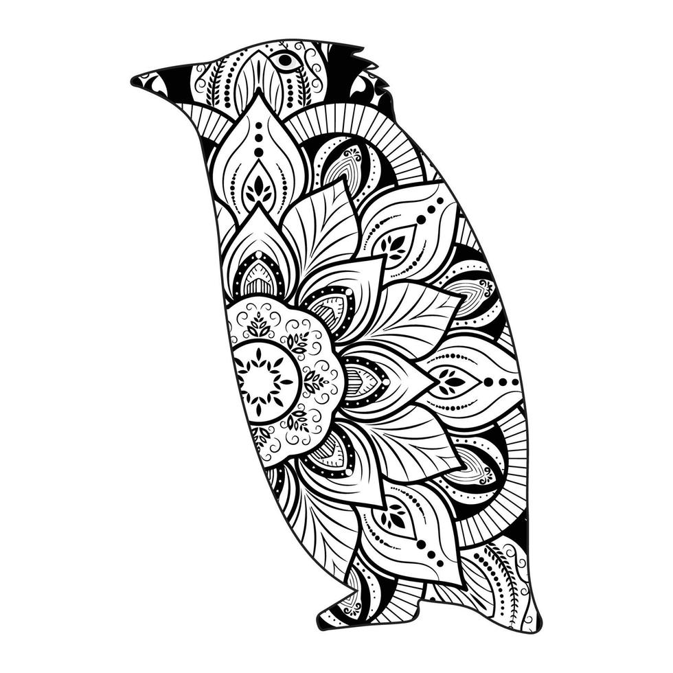 Penguin mandala coloring page for kids and adults vector line art design style illustration