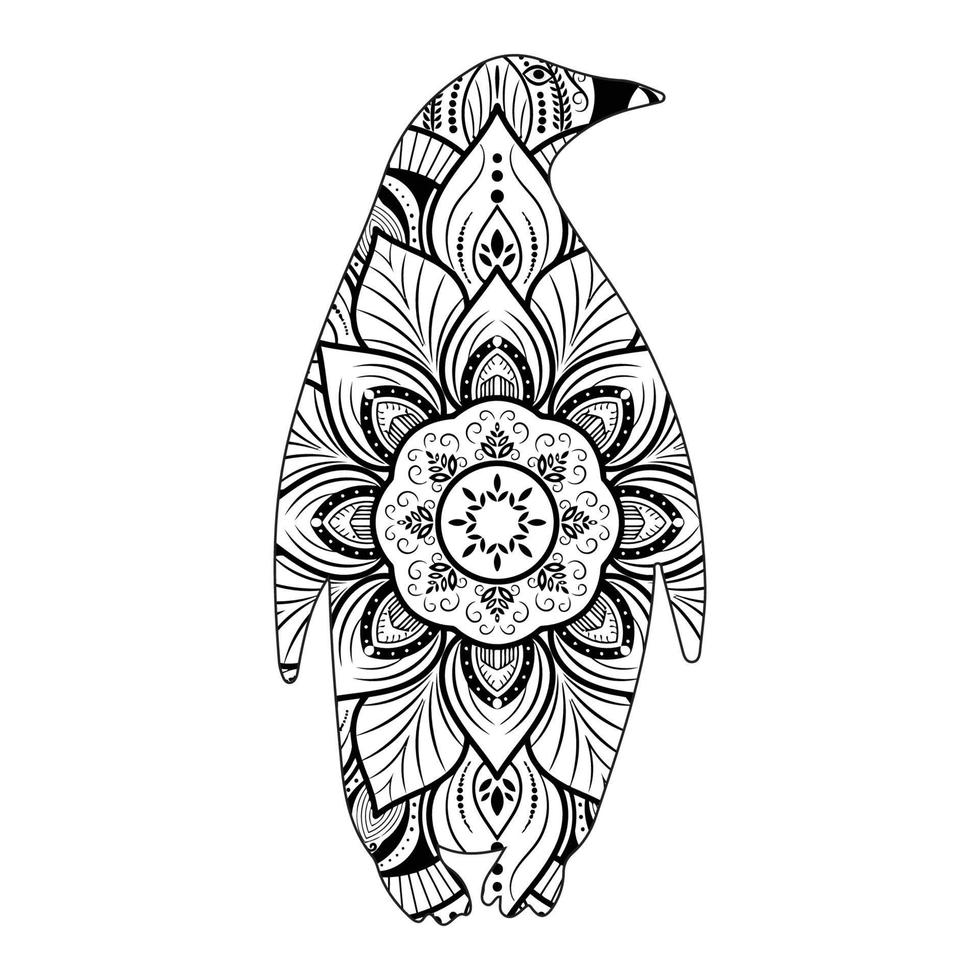 Penguin mandala coloring page for kids and adults vector line art design style illustration
