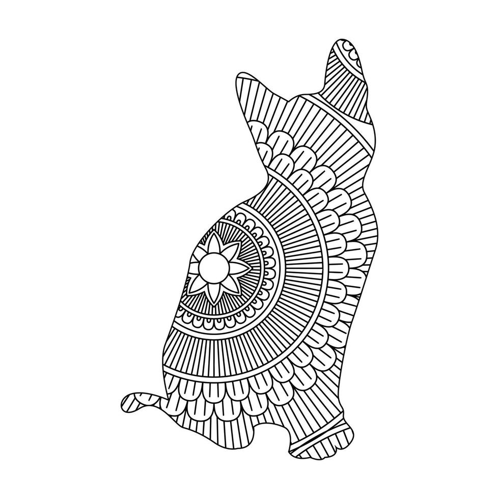 Cute cat mandala coloring page for kids and adults vector line art design style illustration.