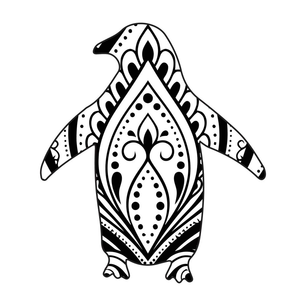 Penguin mandala coloring page for kids and adults vector line art