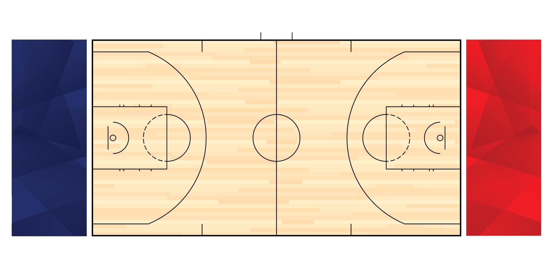 vista superior de la cancha de baloncesto, vista de ángulo alto del estadio de juego de baloncesto, suelo de madera y baloncesto de línea negra para el partido del torneo vector