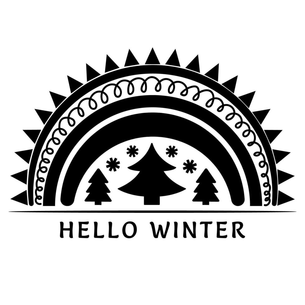 Cute rainbow composition Hello winter. Vector winter illustration in flat style for design. Happy New Year, Merry Christmas, Cozy Winter. Rainbow, tree, snowflakes