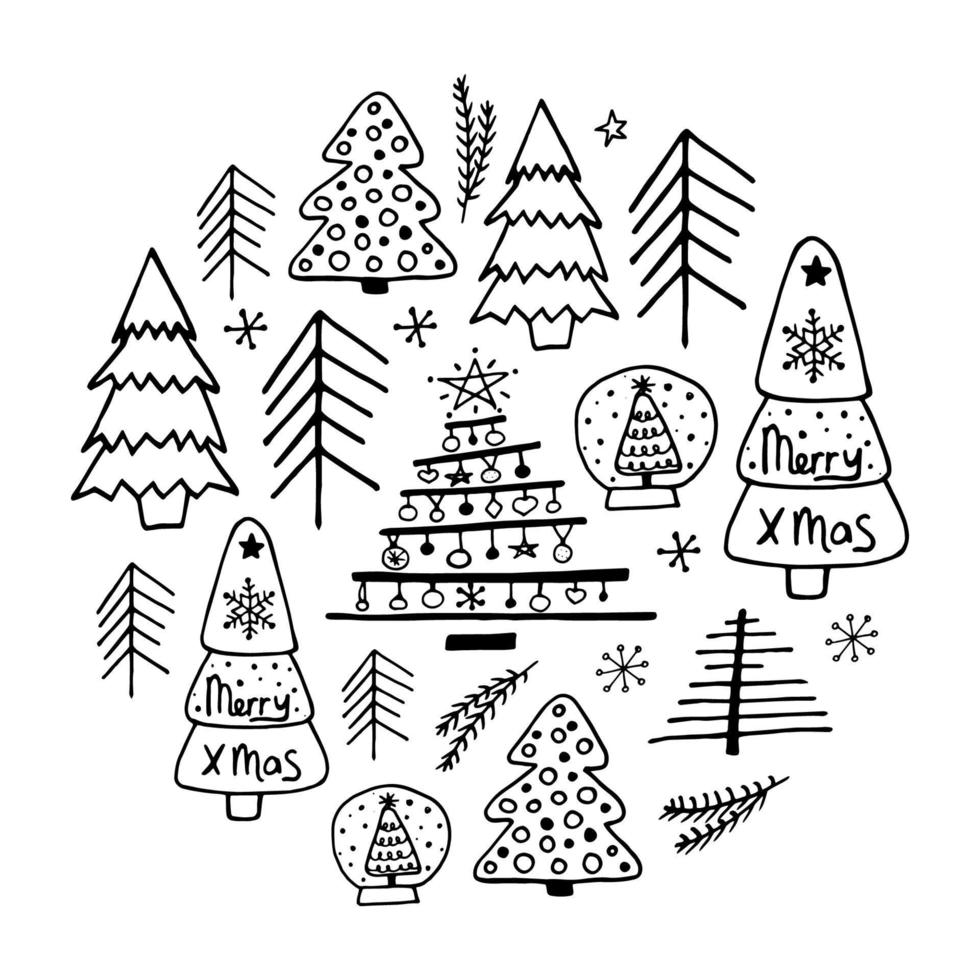 Christmas trees in doodle style, Christmas card vector