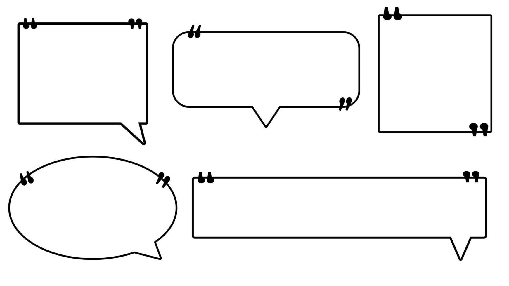 conjunto de cuadros de comillas en blanco y negro en blanco, burbuja de voz, cuadro de texto, conversación de marco, cuadro de chat, burbuja de conversación, globo de pensamiento sobre fondo blanco vector