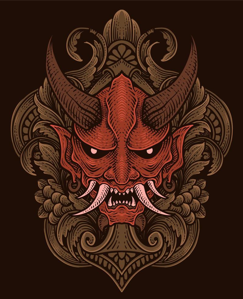 oni mask isolated with engraving ornament style vector