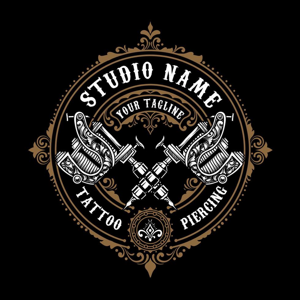 vintage tattoo studio logo with 2 tattoo machine vector