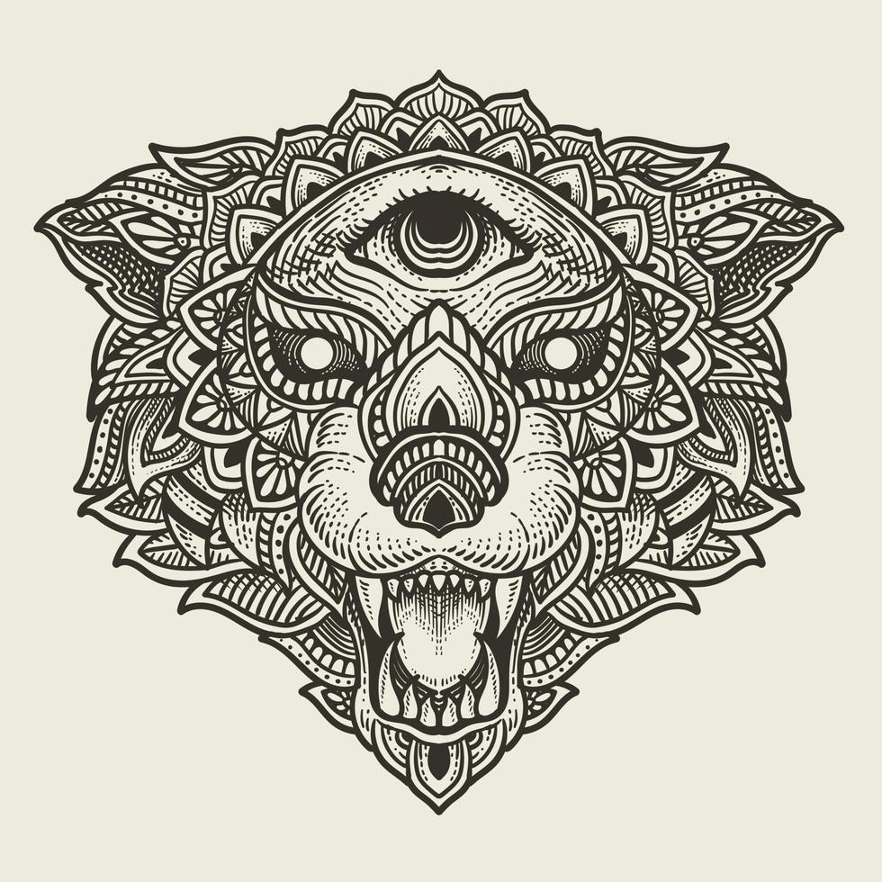 illustration wolf head with mandala style vector