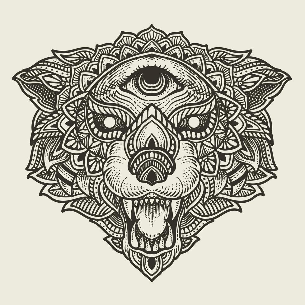 ilustración cabeza de lobo con estilo mandala vector