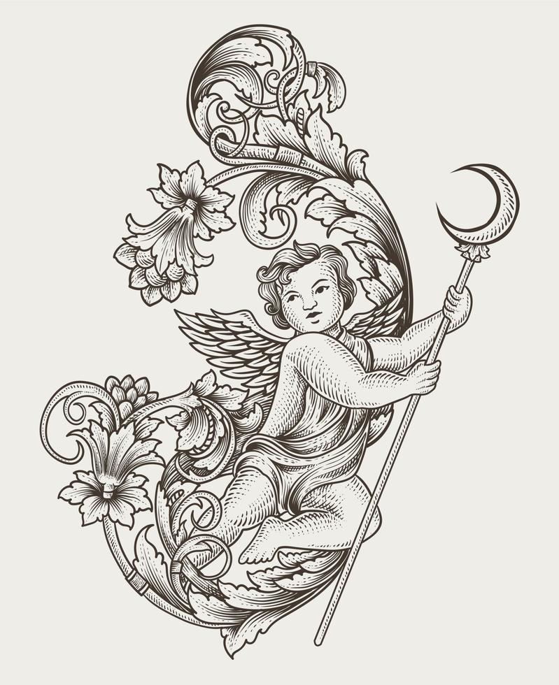 illustration cupid angel with engraving ornament antique style vector