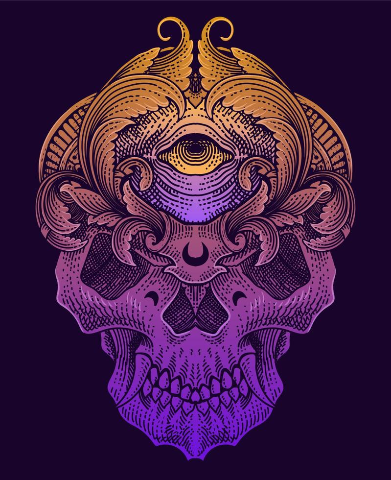illustration skull head with engraving ornament style vector
