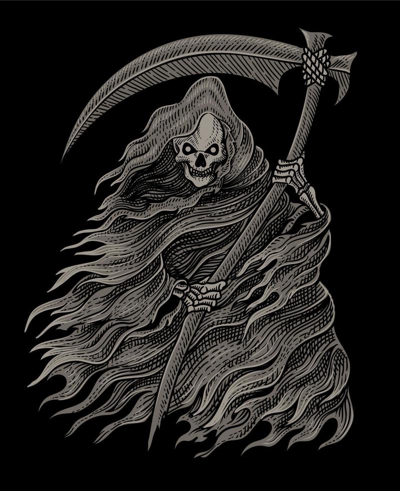 Illustration scary grim reaper with vintage engraving style vector