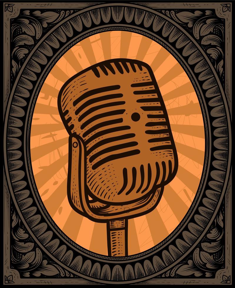 Illustration vintage microphone with antique engraving ornament frame vector