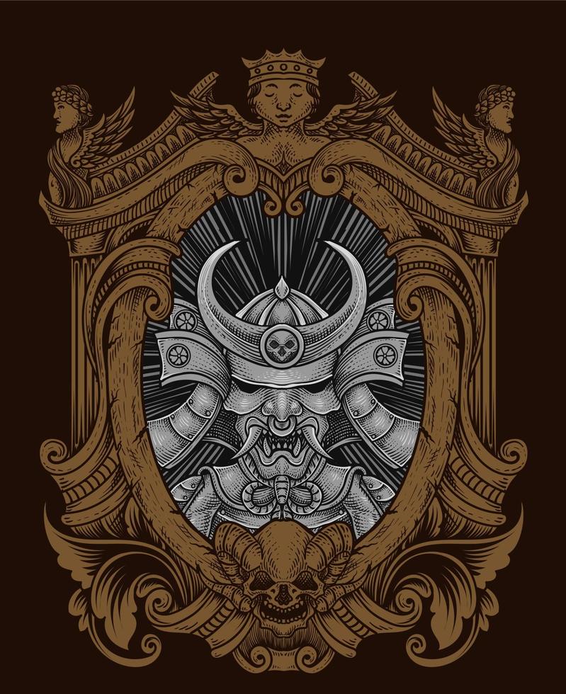 illustration isolated samurai warriors with engraving frame vector