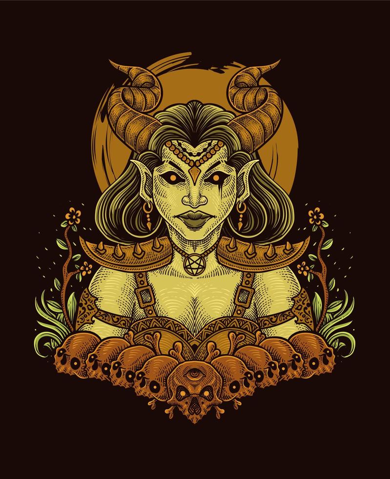 Illustration Demon girl with skull antique engraving style perfect for T-shirt, Hoodie, Jacket, Poster vector