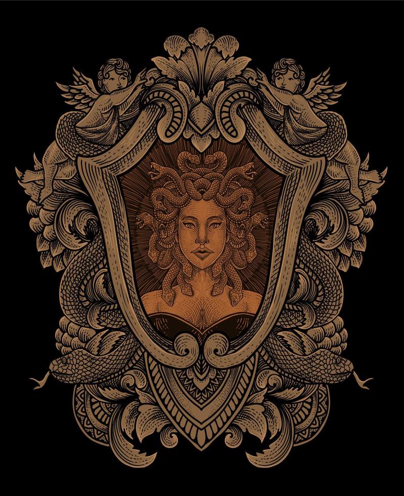 Illustration medusa head with engraving ornament frame vector