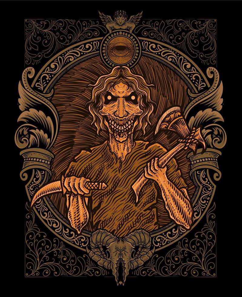 illustration scary zombie with engraving ornament vector