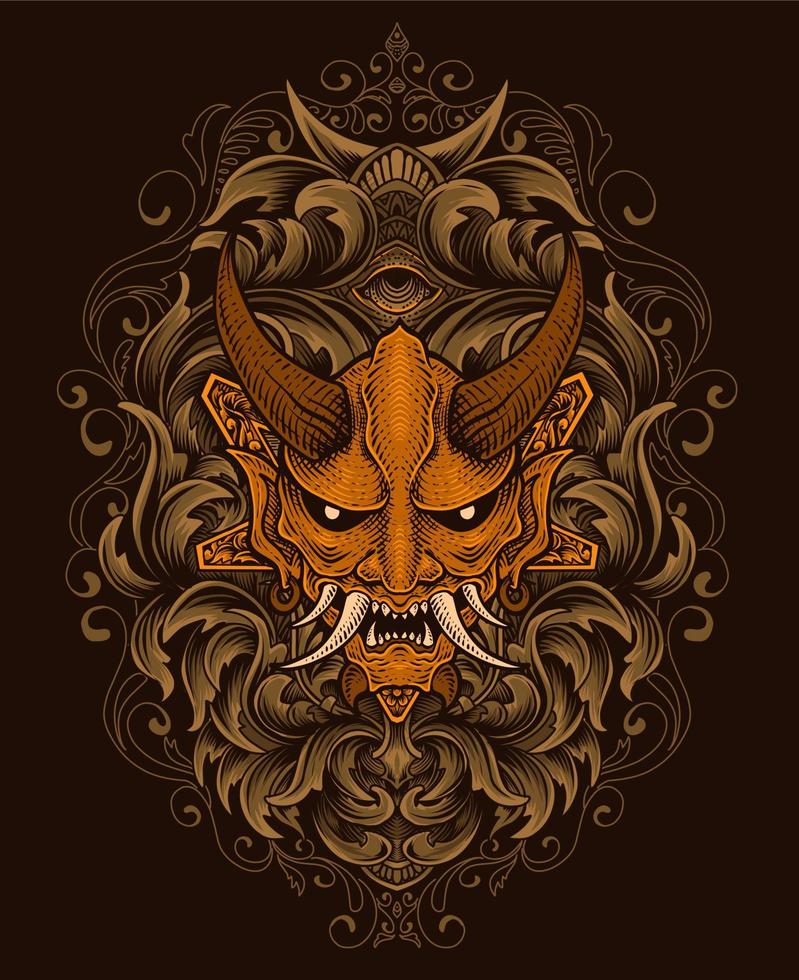 oni mask isolated with engraving ornament style vector