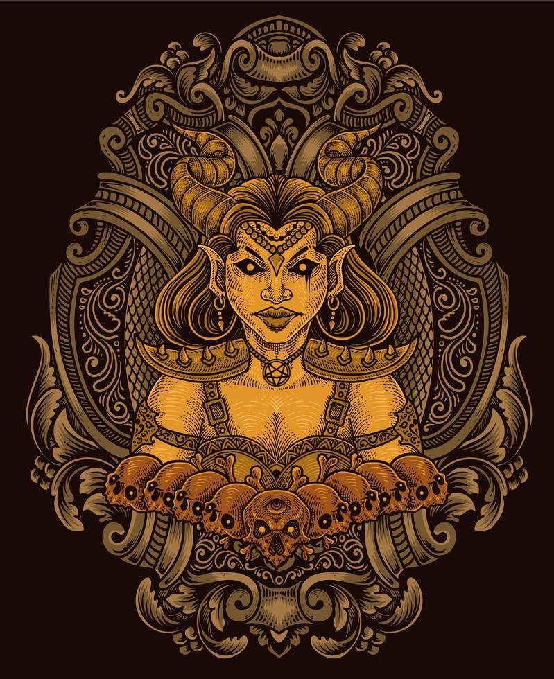 Illustration Demon girl with skull antique engraving style perfect for T-shirt, Hoodie, Jacket, Poster vector