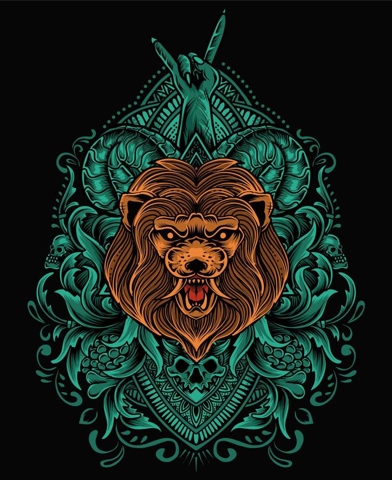 Illustration isolated lion head with engraving ornament vector