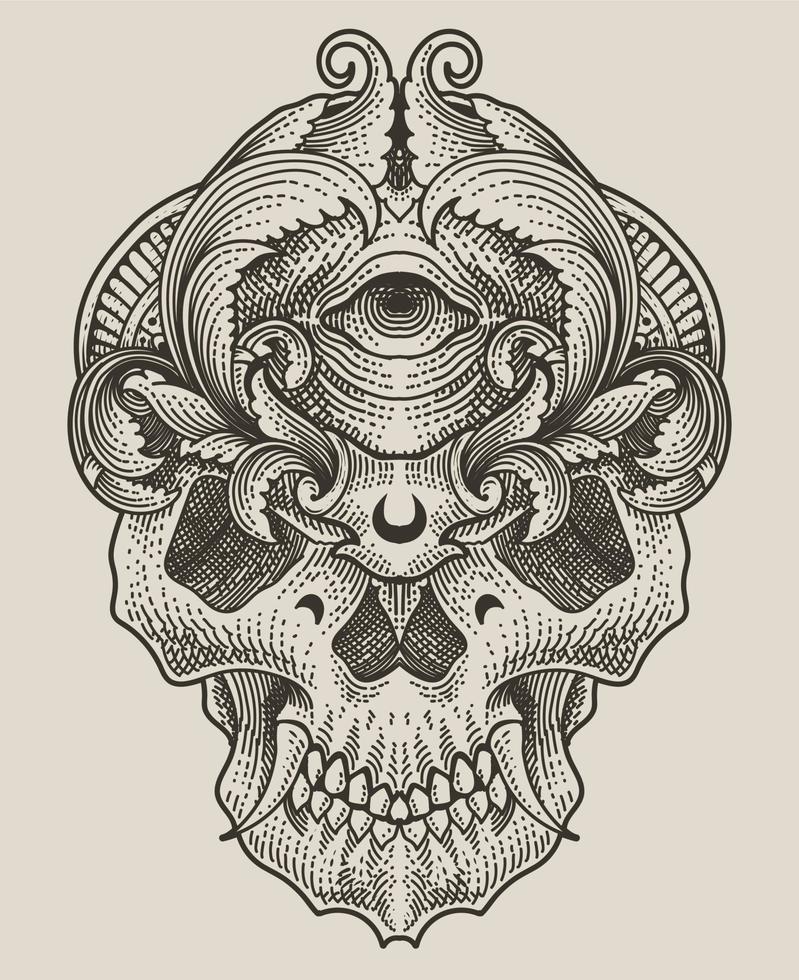 cabeza de calavera de ilustración con estilo de adorno de grabado vector