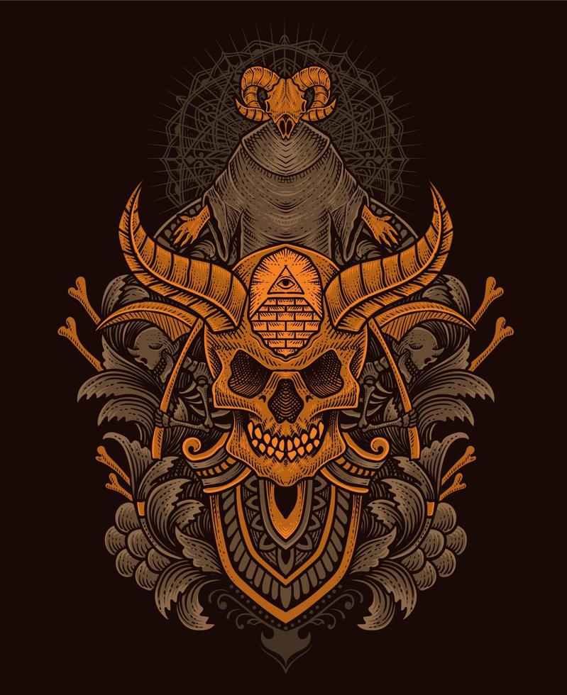 Illustration demon skull with antique engraving style perfect for T shirt, Hoodie, Jacket, poster vector