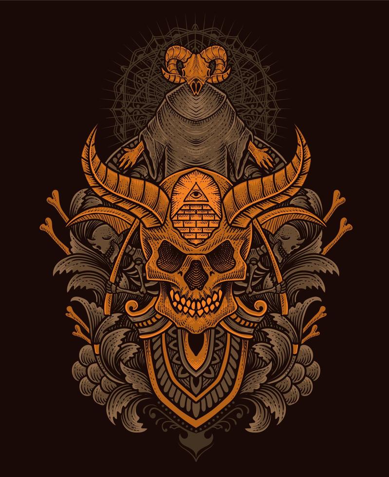 cráneo de demonio de ilustración con estilo de grabado antiguo perfecto para camiseta, sudadera con capucha, chaqueta, afiche vector