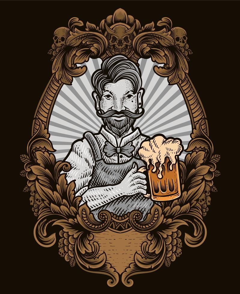 Illustration vintage bartender with antique engraving frame 11201662