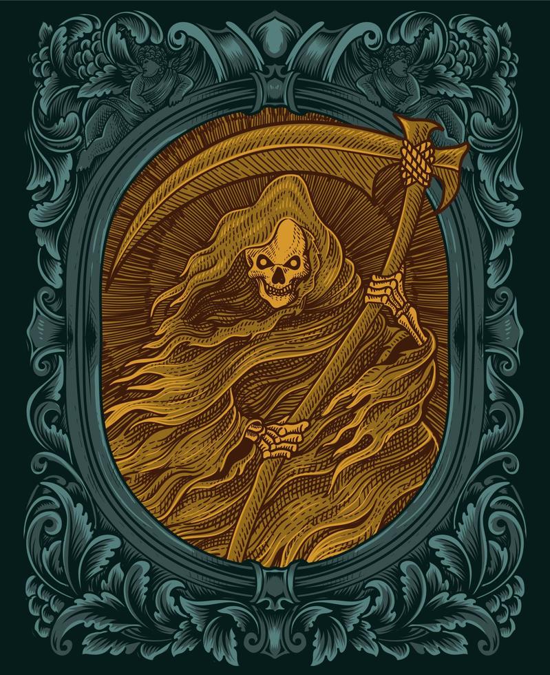 Illustration scary grim reaper with vintage engraving style vector