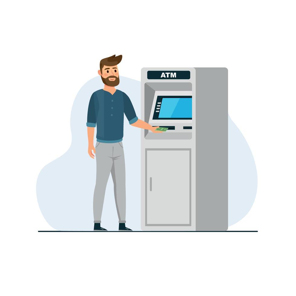 Man standing near ATM holding cash. Man using ATM machine. vector