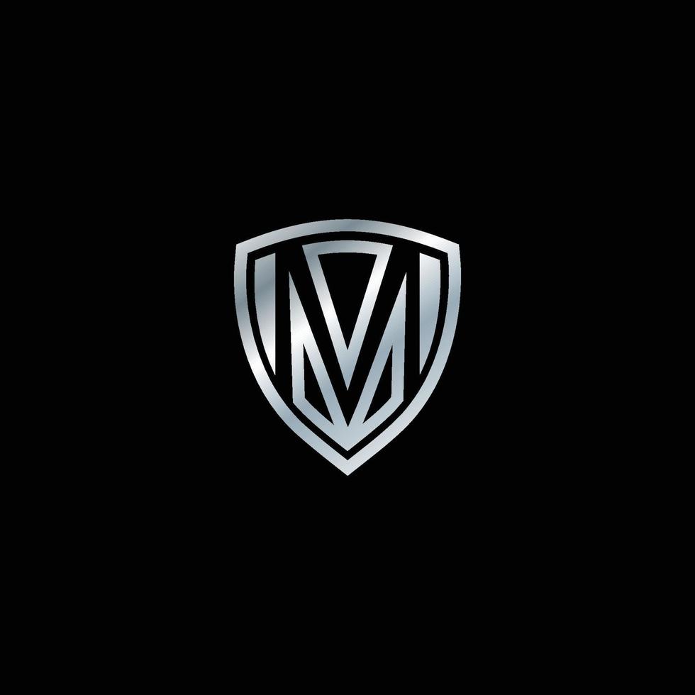 Letter M emblem logo. Vector design with silver shield. Letter shield logo design concept template