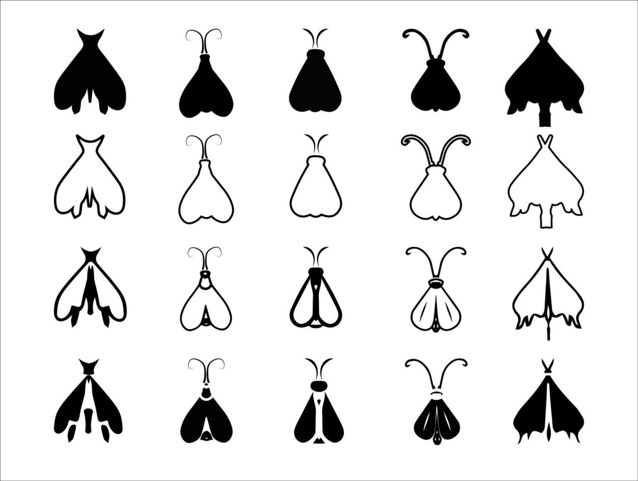 Collection of black moth silhouette isolated on white background vector illustration