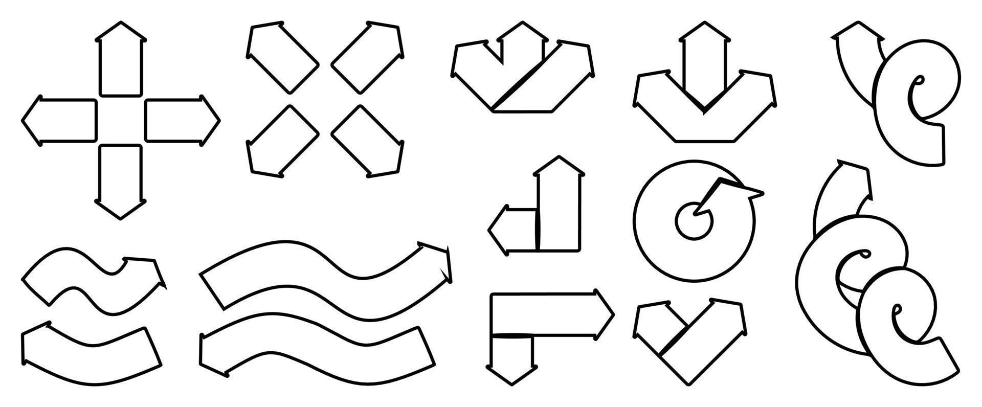 conjunto de vectores de flechas de contorno negro en negrita aislado sobre fondo blanco