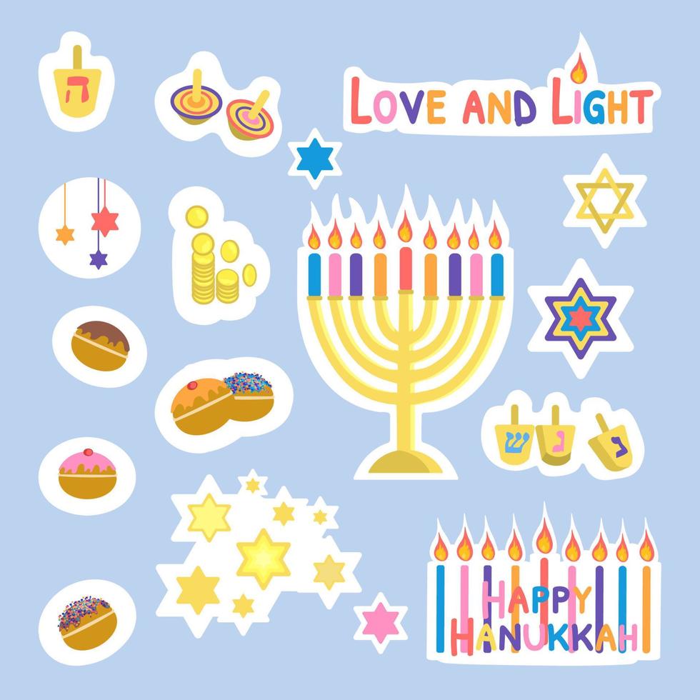 Happy Hanukkah stickers vector illustration isolated on blue background