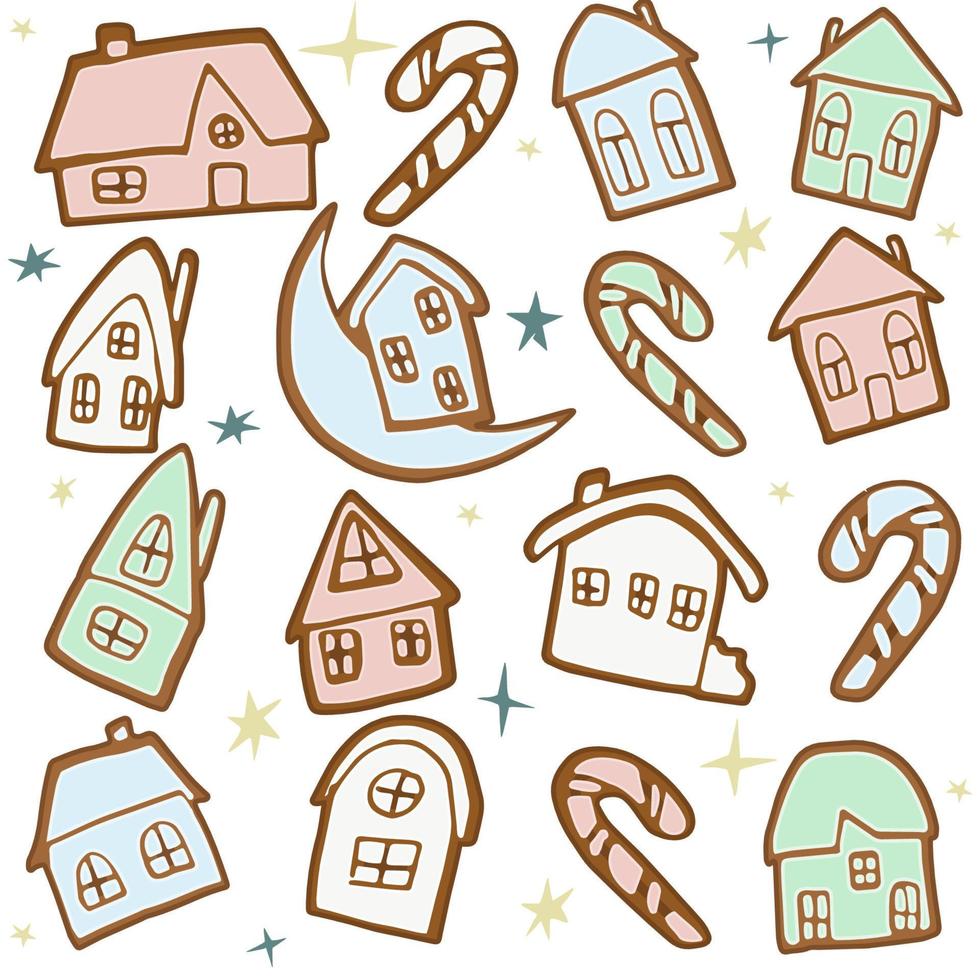 Gingerbread house seamless vector pattern with candy cane and stars