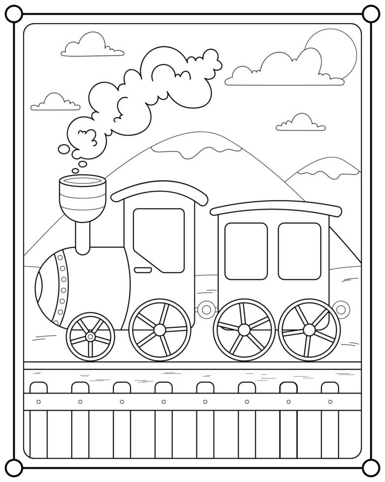 tren clásico con vista a la montaña adecuado para niños para colorear página ilustración vectorial vector