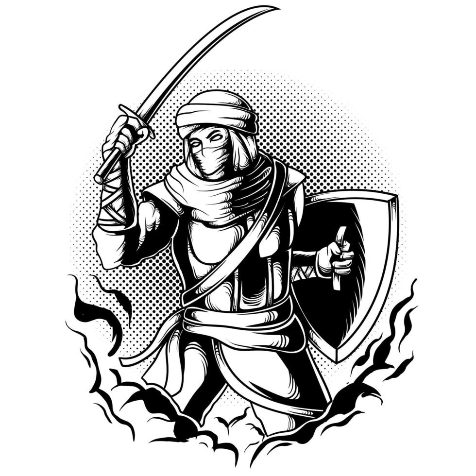 Arabian muslim warrior holding sword and shield black and white vector illustration