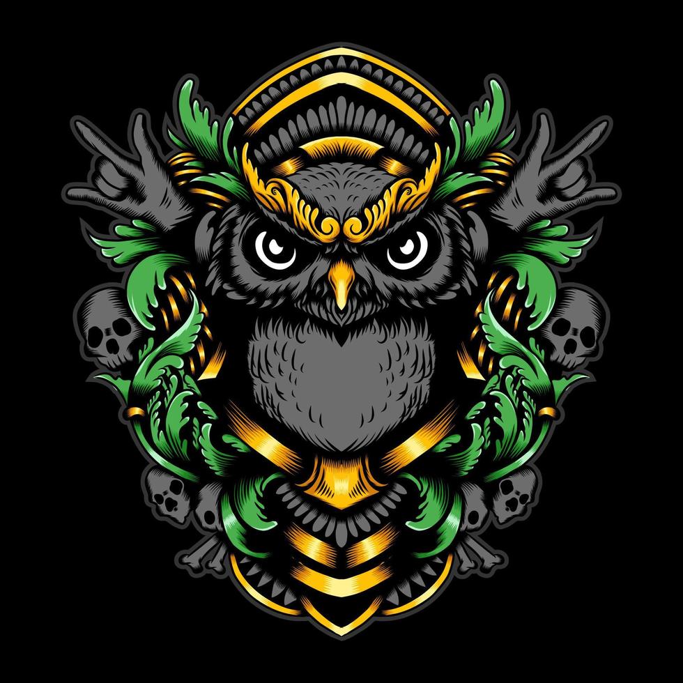 Owl with ornament and skull artwork vector illustration