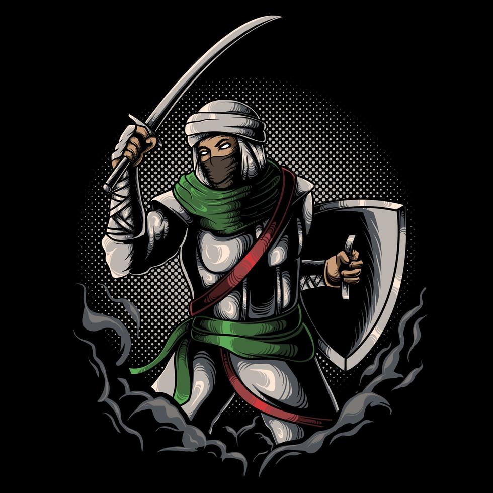 Arabian muslim warrior holding sword and shield black and white vector illustration