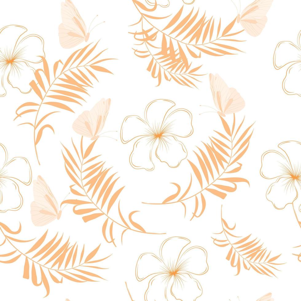 Floral seamless pattern. Tropical  flowers. Plumeria. Vector stock illustration. Golden palm leaves.