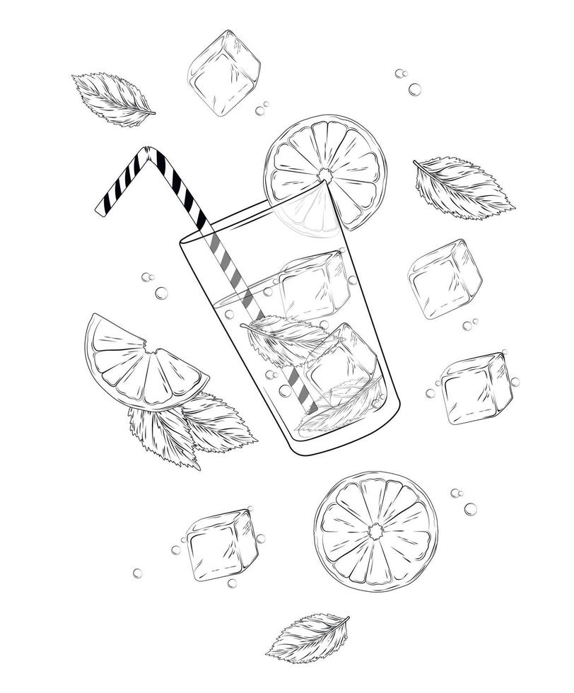 Mojito vector stock illustration. Fresh alcoholic cocktail. Soda, lime, ice cubes, mint leaves in a glass glass. Isolated on a white background.