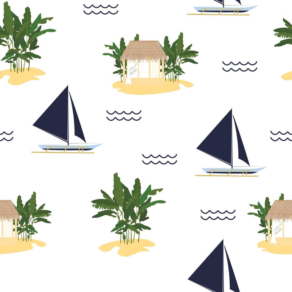 Sailboats and tropical beaches. Marine seamless pattern. The background of a vacation on a yacht. On Ostrava . For a teenager, male. vector