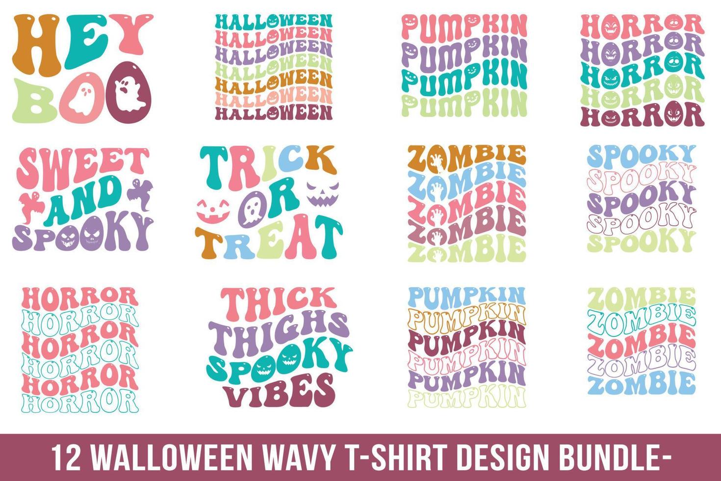 paquete de diseño de camiseta ondulada retro de halloween este diseño se puede utilizar como un elemento para muchos propósitos, pero no se limita a diseños de camiseta, creación de tarjetas, creación de letreros, álbumes de recortes, calcomanías de vinilo y m vector