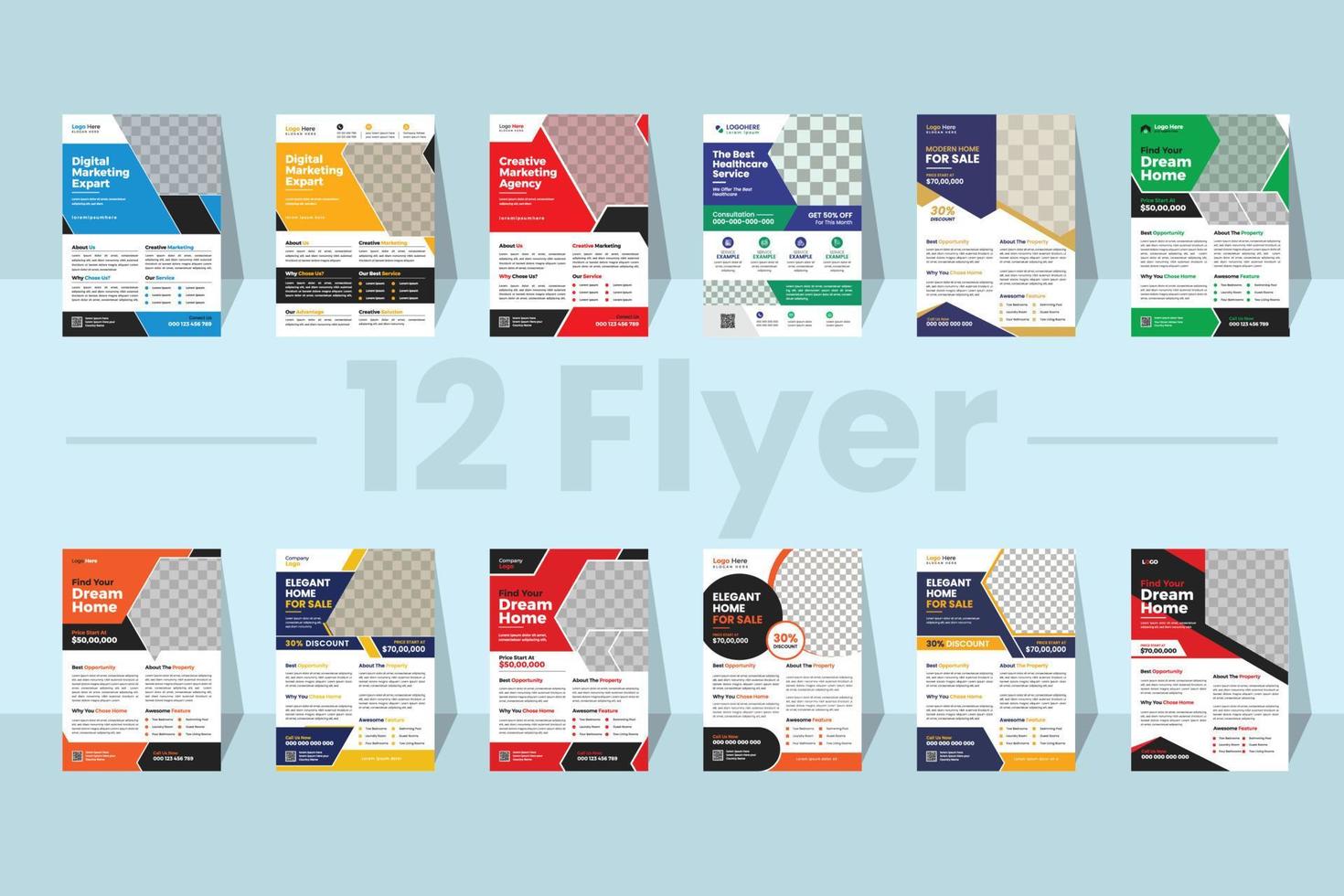 A bundle of 12 templates of a4 flyer, Flyer template layout design. business flyer, brochure, magazine, or flier mockup in bright colors. vector