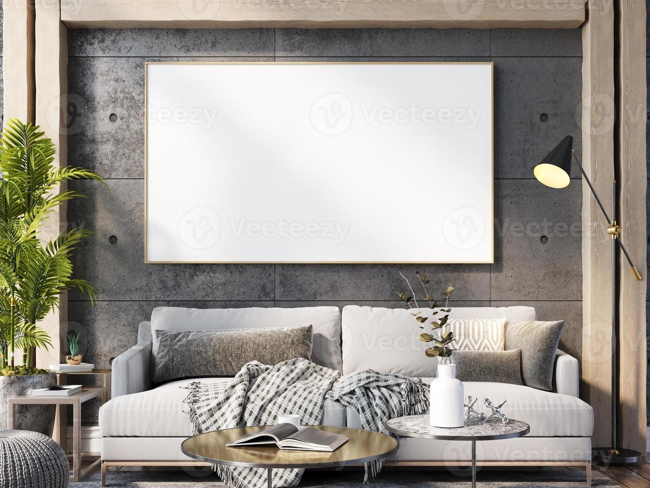 Poster Frame Mockup In Wall Scandinavian Living Room Interior photo