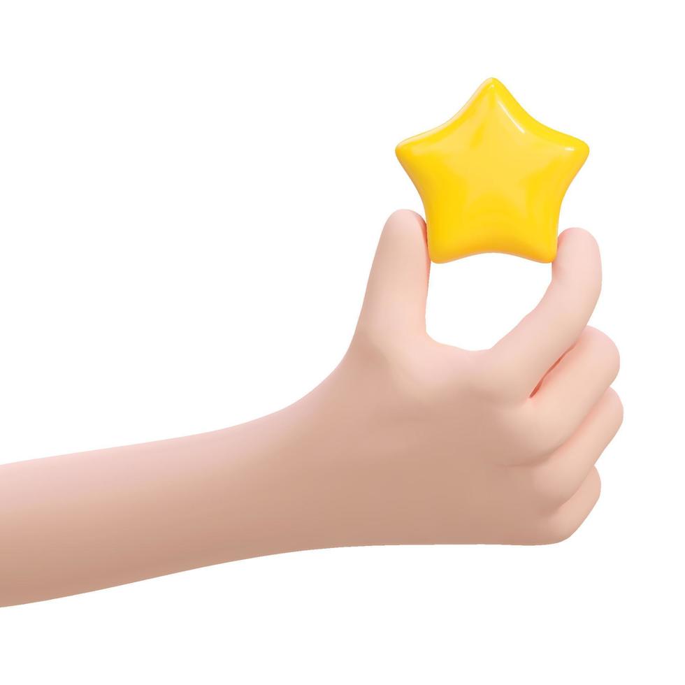 3d cartoon hand holding yellow star. Vector illustration. Sign of feedback, rating, good review, supporting client service successful