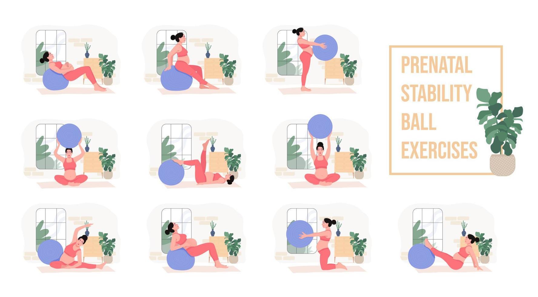Prenatal Pregnancy Workouts set. stability ball exercises. Working out and fitness, pregnancy concept. Vector illustration.