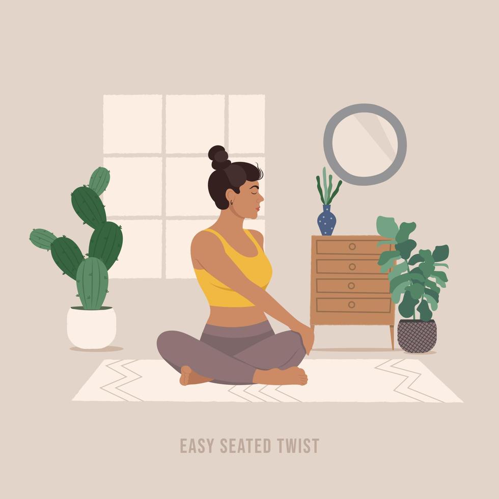 Easy seated Twist Yoga pose. Young woman practicing Yoga pose. vector